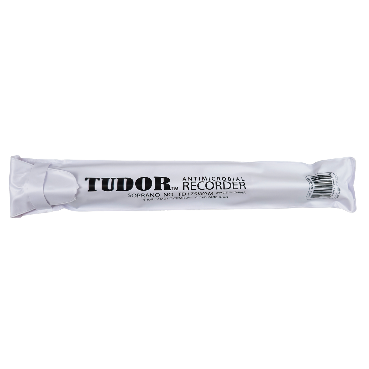 White packaging for a antimicrobial soprano recorder with Tudor branding.