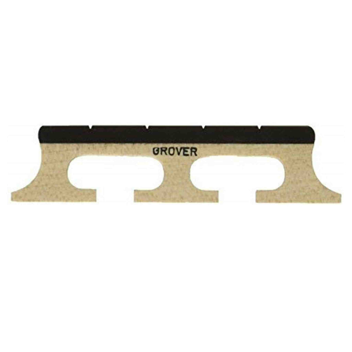 The image shows a Grover violin bridge made of light-colored wood, likely maple. It features the typical arched shape with two curved cutouts for strings, with "GROVER" printed on the top edge. The bridge has a thin, precise profile and two feet at the bottom that rest on the violin’s top plate. This essential component transfers string vibrations to the instrument’s body and requires careful fitting by a luthier.