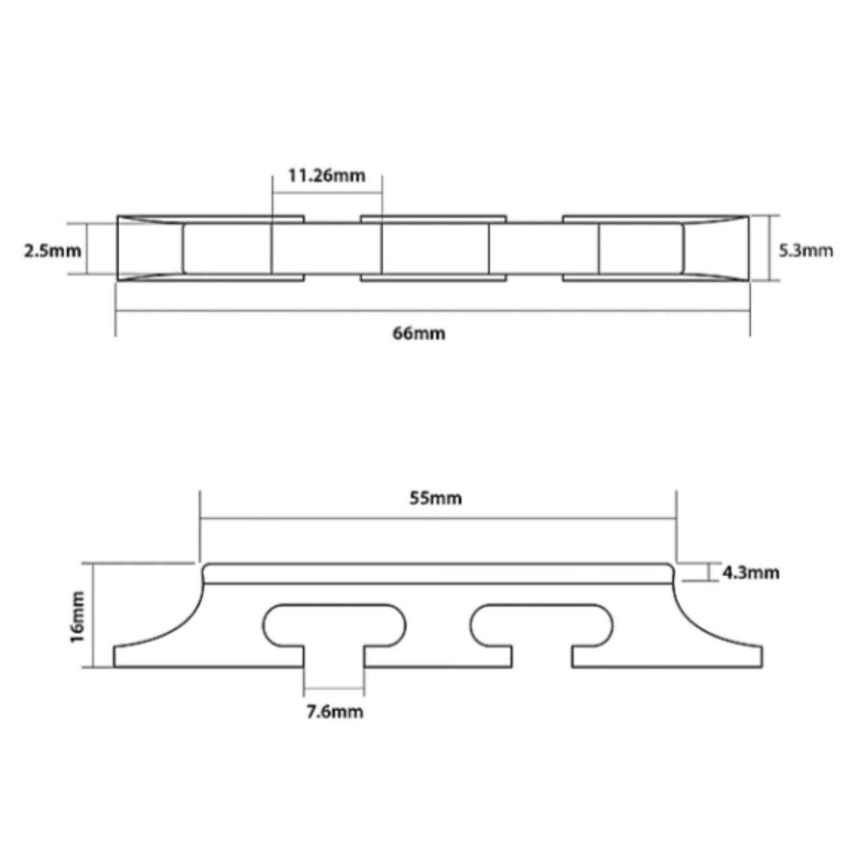 The image shows technical drawings of a guitar bridge with side and front views featuring precise millimeter measurements. Key details include a 66mm length, 2.5mm and 5.3mm height variations, 11.26mm saddle spacing, 55mm width, 16mm height, 4.3mm thickness, and 7.6mm post spacing. This blueprint likely serves as a manufacturing or replacement guide for an electric guitar bridge with adjustable saddles.