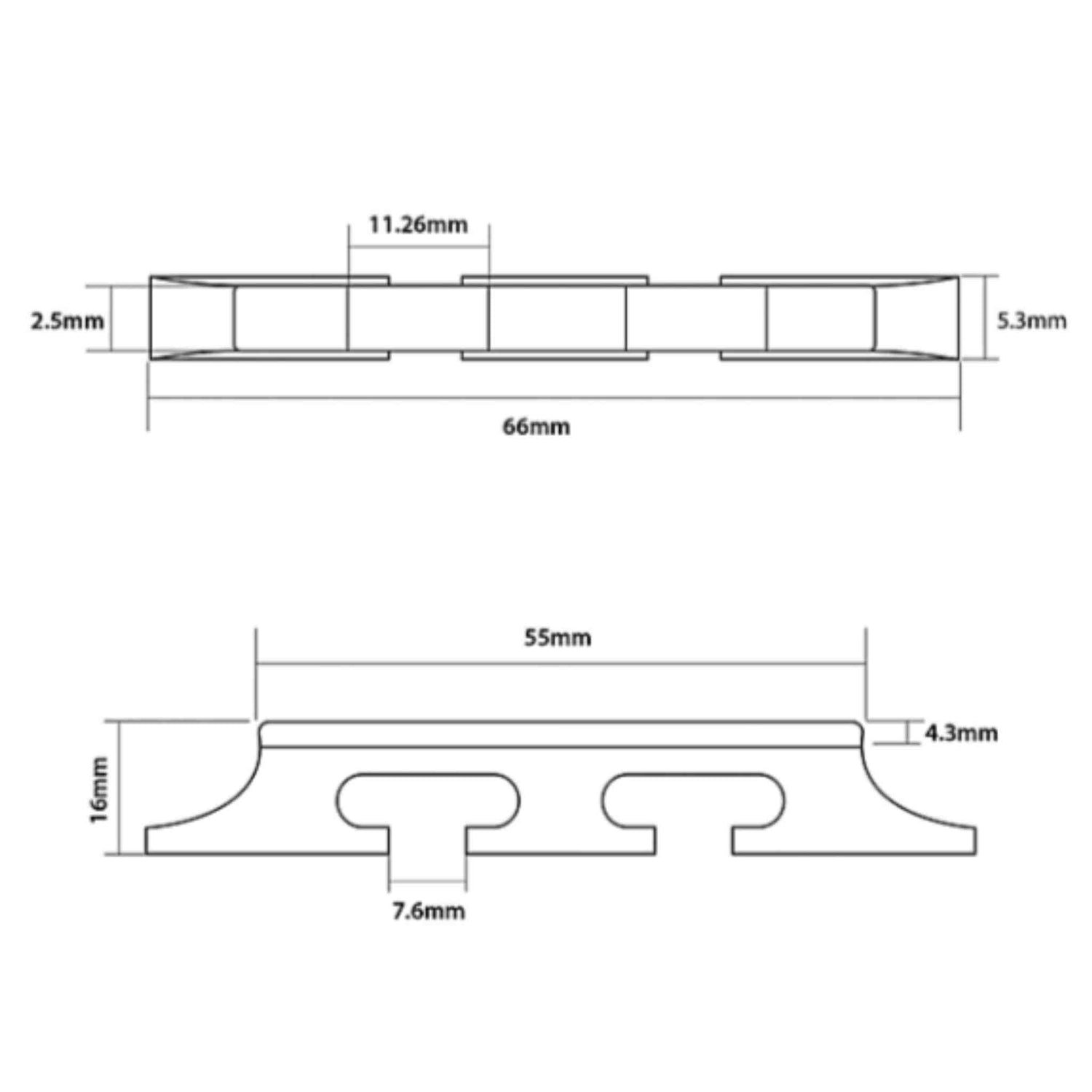 The image shows technical drawings of a guitar bridge with side and front views featuring precise millimeter measurements. Key details include a 66mm length, 2.5mm and 5.3mm height variations, 11.26mm saddle spacing, 55mm width, 16mm height, 4.3mm thickness, and 7.6mm post spacing. This blueprint likely serves as a manufacturing or replacement guide for an electric guitar bridge with adjustable saddles.