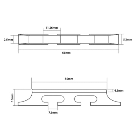 The image shows technical drawings of a guitar bridge with side and front views featuring precise millimeter measurements. Key details include a 66mm length, 2.5mm and 5.3mm height variations, 11.26mm saddle spacing, 55mm width, 16mm height, 4.3mm thickness, and 7.6mm post spacing. This blueprint likely serves as a manufacturing or replacement guide for an electric guitar bridge with adjustable saddles.