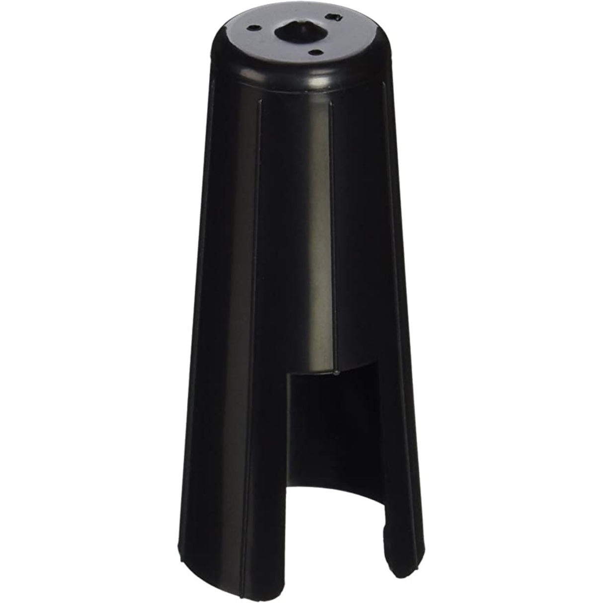 The image shows a black plastic clarinet mouthpiece cap with a conical shape and a flat top featuring several holes. It protects the reed and mouthpiece tip when not in use, while the holes allow air circulation to prevent moisture buildup and mold. This essential accessory slides over the mouthpiece and reed, helping clarinet players maintain their instrument and extend reed life.