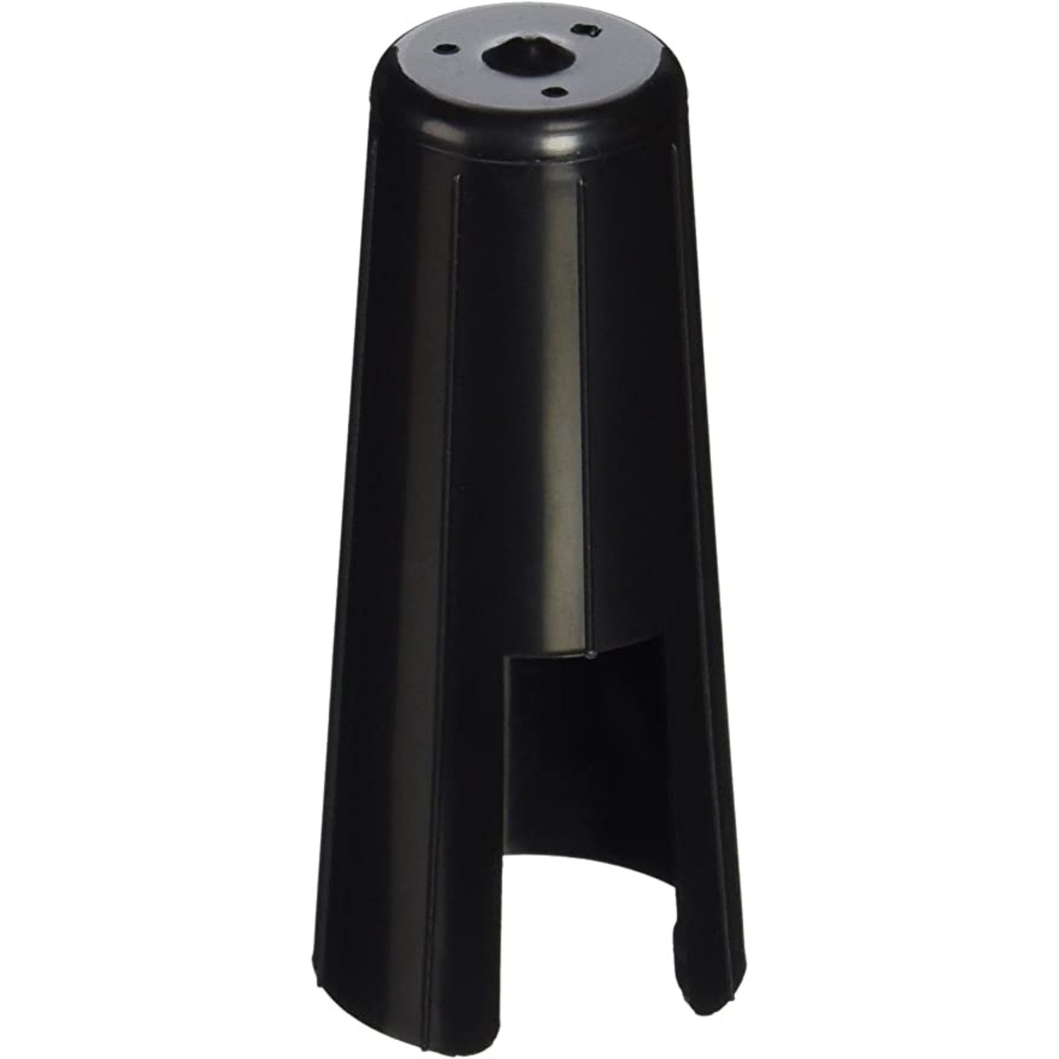 The image shows a black plastic clarinet mouthpiece cap with a conical shape and a flat top featuring several holes. It protects the reed and mouthpiece tip when not in use, while the holes allow air circulation to prevent moisture buildup and mold. This essential accessory slides over the mouthpiece and reed, helping clarinet players maintain their instrument and extend reed life.