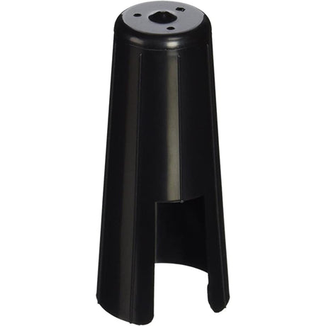 The image shows a black plastic clarinet mouthpiece cap with a conical shape and a flat top featuring several holes. It protects the reed and mouthpiece tip when not in use, while the holes allow air circulation to prevent moisture buildup and mold. This essential accessory slides over the mouthpiece and reed, helping clarinet players maintain their instrument and extend reed life.