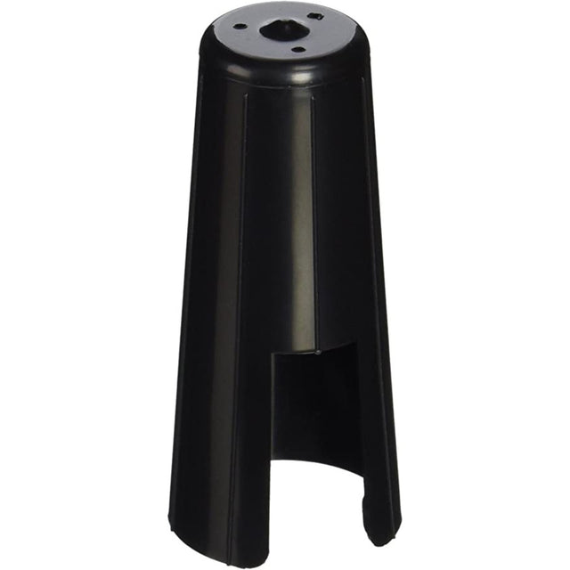 The image shows a black plastic clarinet mouthpiece cap with a conical shape and a flat top featuring several holes. It protects the reed and mouthpiece tip when not in use, while the holes allow air circulation to prevent moisture buildup and mold. This essential accessory slides over the mouthpiece and reed, helping clarinet players maintain their instrument and extend reed life.