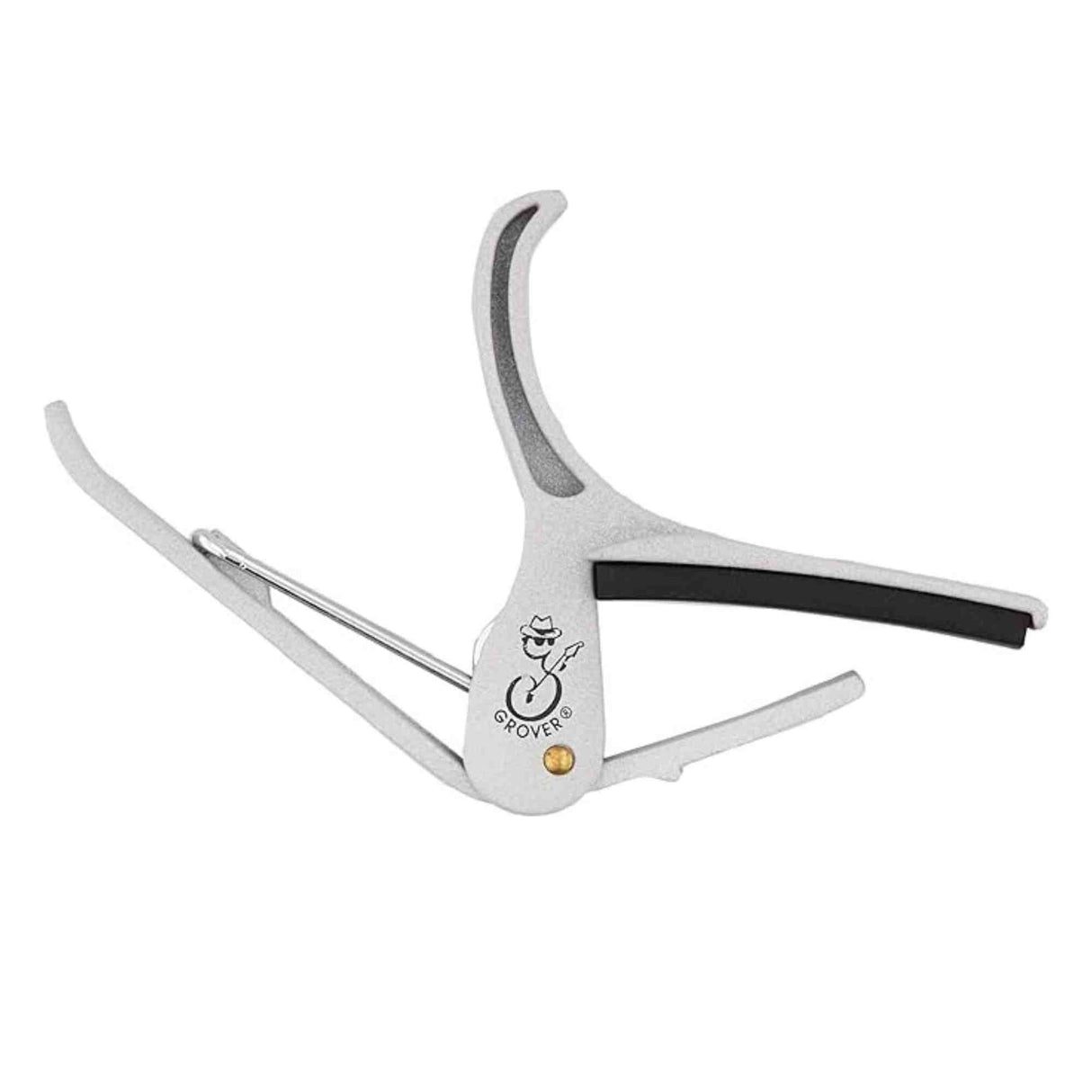 The image shows a Grover guitar capo with a sleek silver finish and ergonomic curved arms. It has a black padded bar that clamps all guitar strings and a spring-loaded mechanism with a gold-colored pivot. Designed for quick, one-handed use, this trigger-style capo allows guitarists to easily change keys by clamping across any fret while maintaining chord fingerings. The Grover logo is visible on its main body.