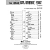 Cover of Hal Leonard Banjo Method Book 1 with table of contents on a white background