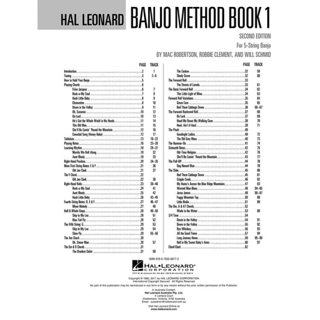 Cover of Hal Leonard Banjo Method Book 1 with table of contents on a white background