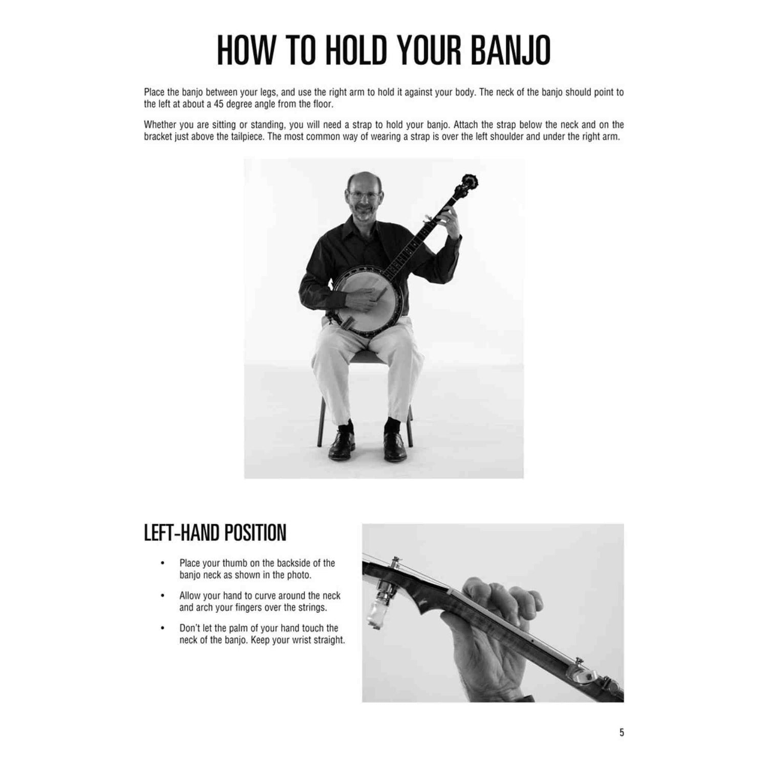 Instructional page on how to hold a banjo with text and images of a person and close-up of a hand holding a banjo.