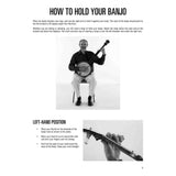 Instructional page on how to hold a banjo with text and images of a person and close-up of a hand holding a banjo.
