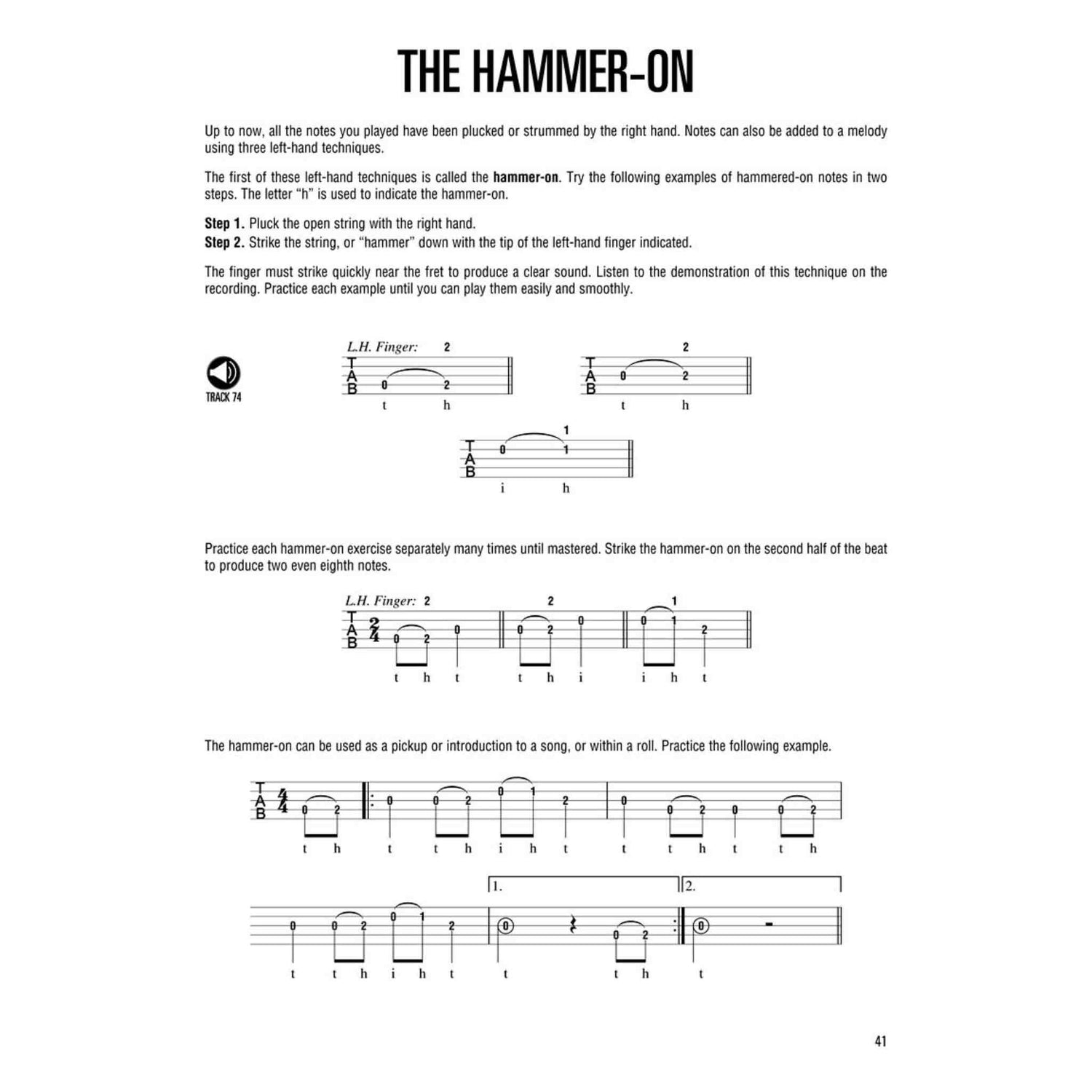 Sheet music page explaining the hammer-on technique with text and musical notation.