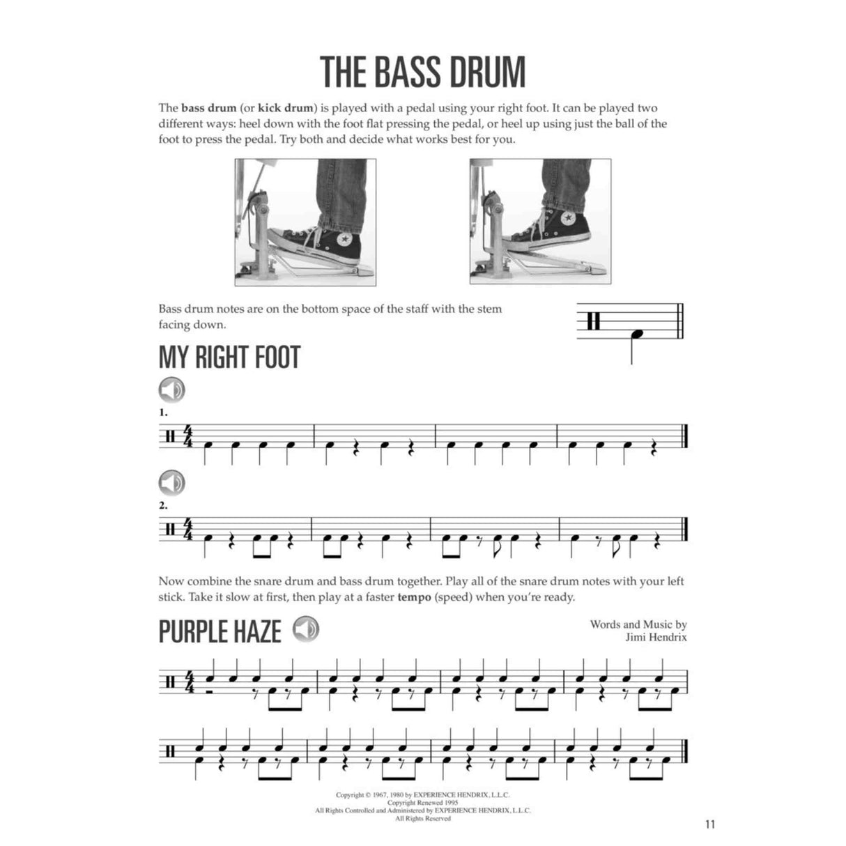 Sheet music page with bass drum instructions and a song excerpt.