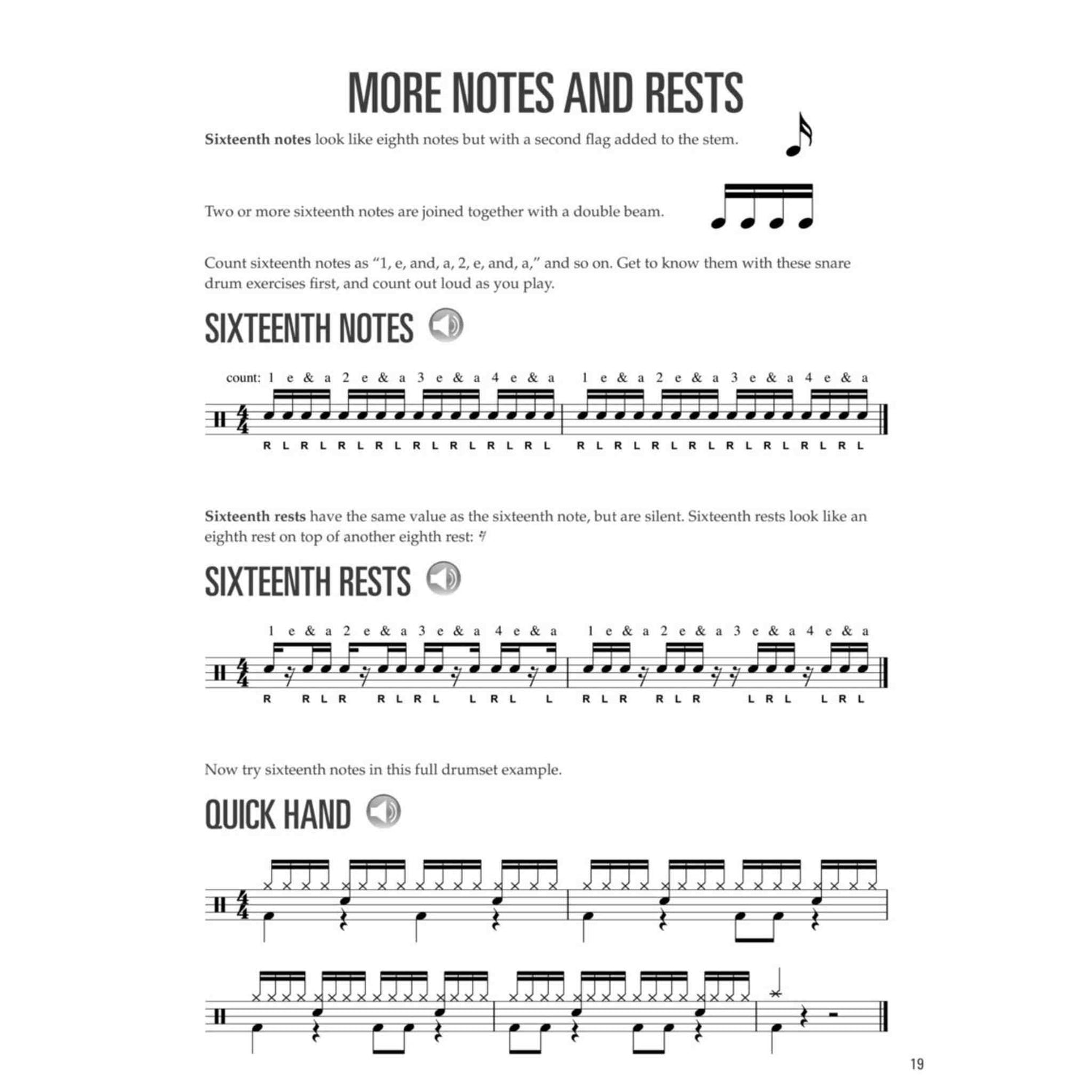 Music sheet page teaching about sixteenth notes and rests with text and musical notation.