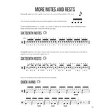 Music sheet page teaching about sixteenth notes and rests with text and musical notation.