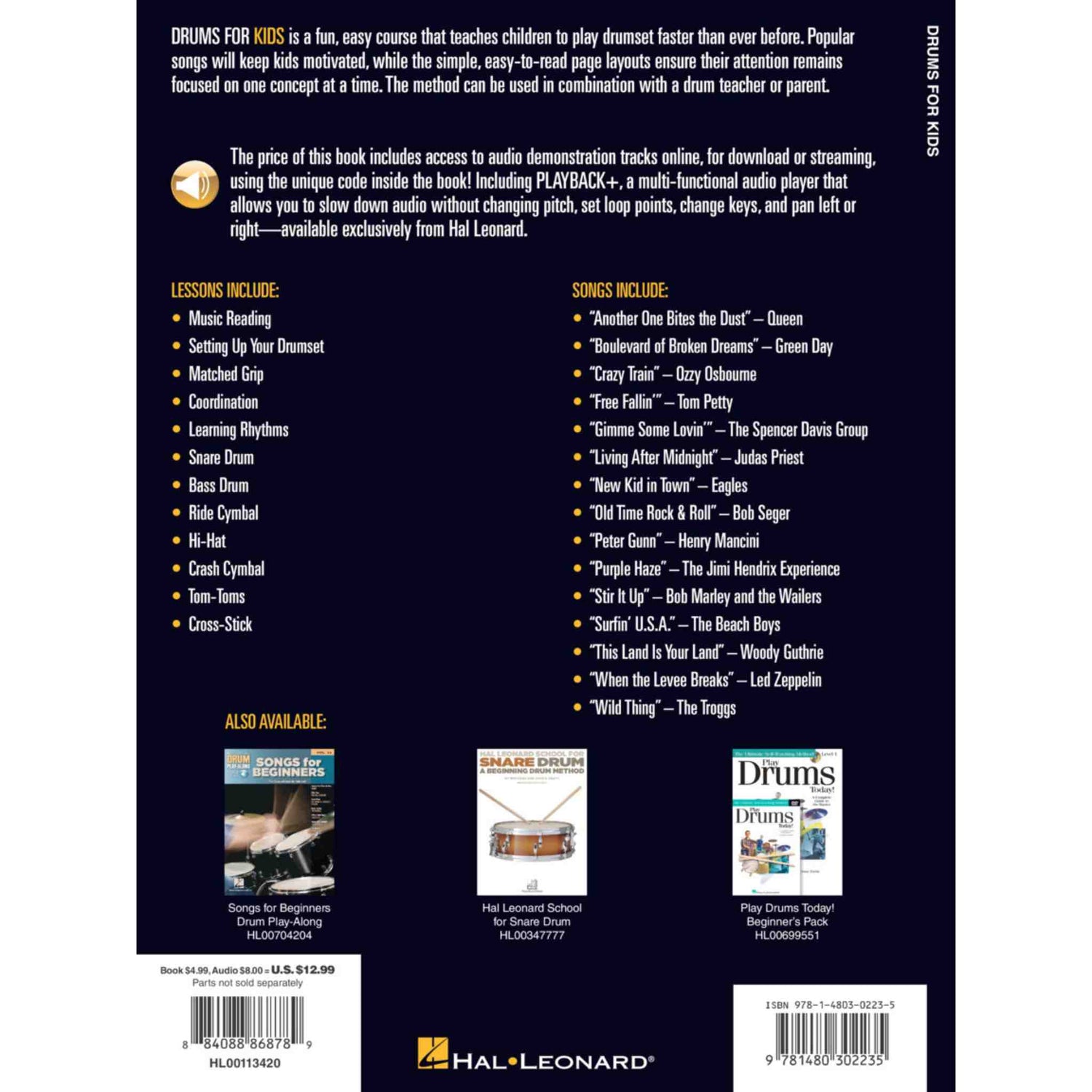 Back cover of a music book for drum lessons with Hal Leonard branding
