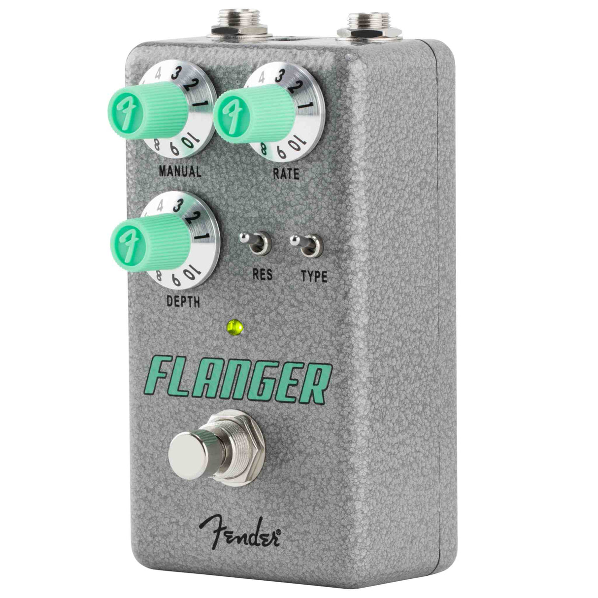 Fender flanger guitar effects pedal with gray casing and green knobs on a white background
