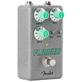 Fender flanger guitar effects pedal with green knobs and switch on a white background