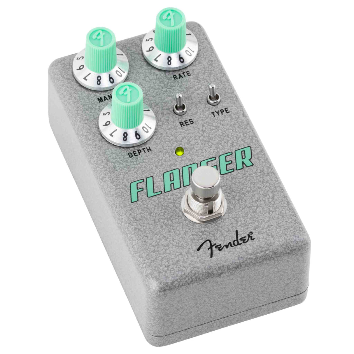 Fender flanger guitar effects pedal with three green knobs on a white background