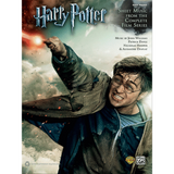 The image shows a sheet music book for easy piano featuring music from the complete Harry Potter film series. The cover displays dramatic artwork of Harry Potter and Voldemort in an action scene. Composed by John Williams, Patrick Doyle, Nicholas Hooper, and Alexandre Desplat, it is published by Alfred Music and arranged for intermediate players to enjoy iconic themes from all the movies.