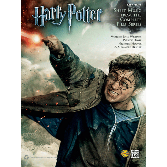 The image shows a sheet music book for easy piano featuring music from the complete Harry Potter film series. The cover displays dramatic artwork of Harry Potter and Voldemort in an action scene. Composed by John Williams, Patrick Doyle, Nicholas Hooper, and Alexandre Desplat, it is published by Alfred Music and arranged for intermediate players to enjoy iconic themes from all the movies.