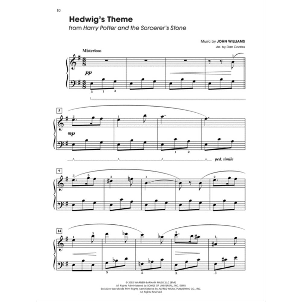 The image shows a page of piano sheet music for "Hedwig's Theme" from *Harry Potter and the Sorcerer's Stone*, composed by John Williams and arranged by Dan Coates. It features treble and bass clefs, a "Misterioso" tempo, dynamic markings (pp, mp), pedal indications, and typical piano phrasing and fingering. The page includes copyright info, indicating it's from a published songbook.