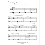 The image shows a page of piano sheet music for "Hedwig's Theme" from *Harry Potter and the Sorcerer's Stone*, composed by John Williams and arranged by Dan Coates. It features treble and bass clefs, a "Misterioso" tempo, dynamic markings (pp, mp), pedal indications, and typical piano phrasing and fingering. The page includes copyright info, indicating it's from a published songbook.