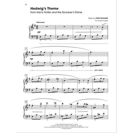 The image shows a page of piano sheet music for "Hedwig's Theme" from *Harry Potter and the Sorcerer's Stone*, composed by John Williams and arranged by Dan Coates. It features treble and bass clefs, a "Misterioso" tempo, dynamic markings (pp, mp), pedal indications, and typical piano phrasing and fingering. The page includes copyright info, indicating it's from a published songbook.
