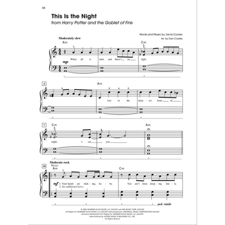 The image shows a page of sheet music for "This Is the Night" from Harry Potter and the Goblet of Fire, words and music by Jarvis Cocker, arranged by Dan Coates. It’s for piano with treble and bass clefs, chord symbols (Am, Cm), lyrics, and tempo markings ("Moderately slow," "Moderate rock"). The page number is 66 and includes standard notation, dynamics, and sustain pedal markings, suited for intermediate piano players.