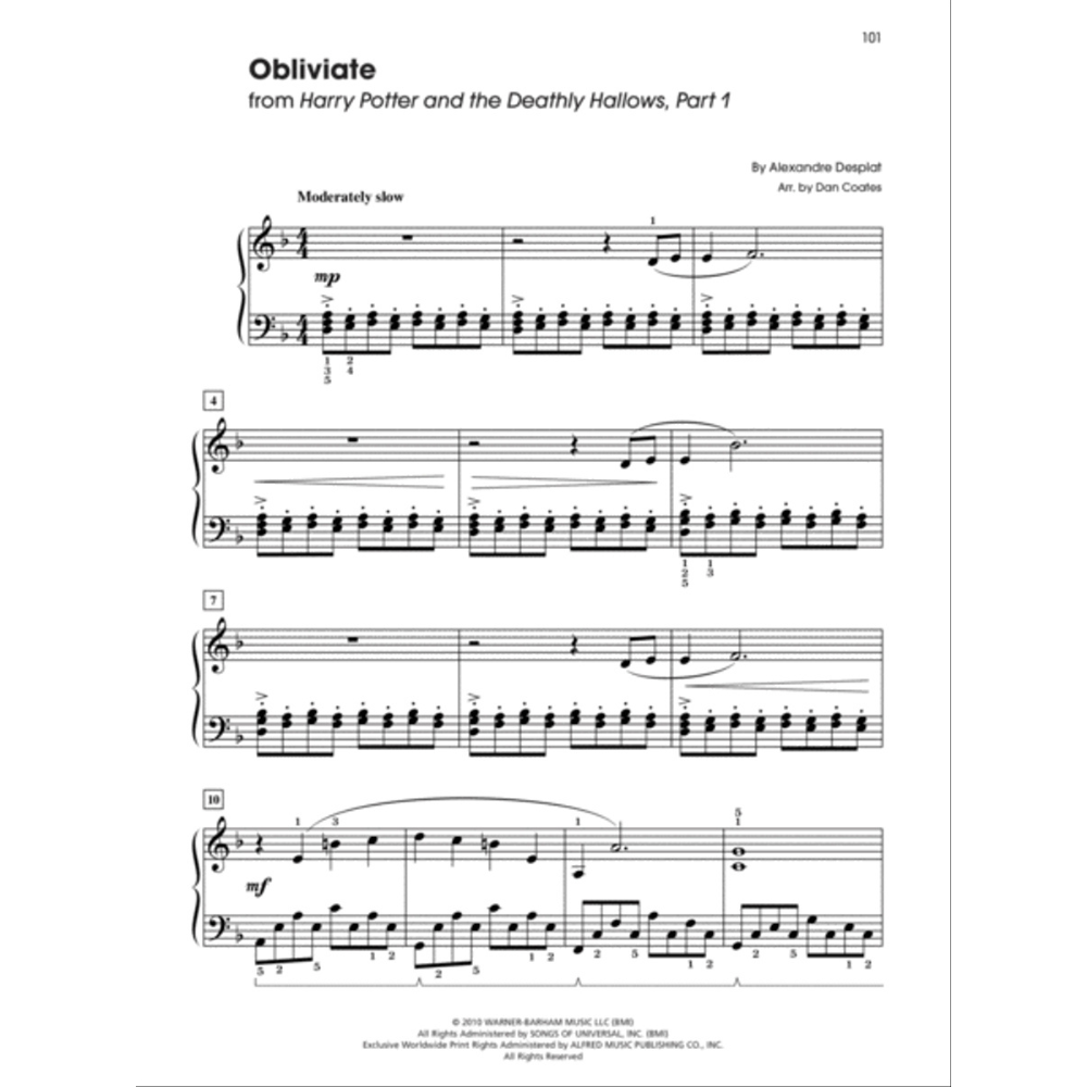 The image shows piano sheet music for "Obliviate" from Harry Potter and the Deathly Hallows Part 1, composed by Alexandre Desplat and arranged by Dan Coates. It includes treble and bass clefs, a 4/4 time signature, tempo marking "Moderately slow," dynamics from mp to mf, measure numbers, fingering, and accompaniment. Copyright info credits Alfred Music Publishing. This is page 101 from an intermediate piano collection.