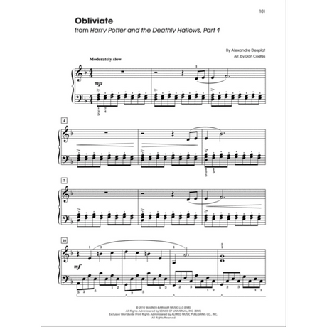 The image shows piano sheet music for "Obliviate" from Harry Potter and the Deathly Hallows Part 1, composed by Alexandre Desplat and arranged by Dan Coates. It includes treble and bass clefs, a 4/4 time signature, tempo marking "Moderately slow," dynamics from mp to mf, measure numbers, fingering, and accompaniment. Copyright info credits Alfred Music Publishing. This is page 101 from an intermediate piano collection.