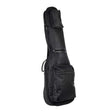 The image shows a black padded guitar gig bag made of durable fabric, featuring a full-length zipper, a carrying handle on the side, and multiple zippered compartments, including a main section for the guitar and a front pocket for accessories. This lightweight, soft case offers portable protection for guitars during transport, ideal for gigs, lessons, or travel.