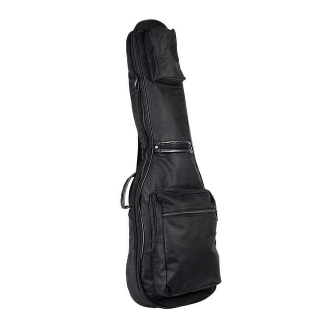 The image shows a black padded guitar gig bag made of durable fabric, featuring a full-length zipper, a carrying handle on the side, and multiple zippered compartments, including a main section for the guitar and a front pocket for accessories. This lightweight, soft case offers portable protection for guitars during transport, ideal for gigs, lessons, or travel.