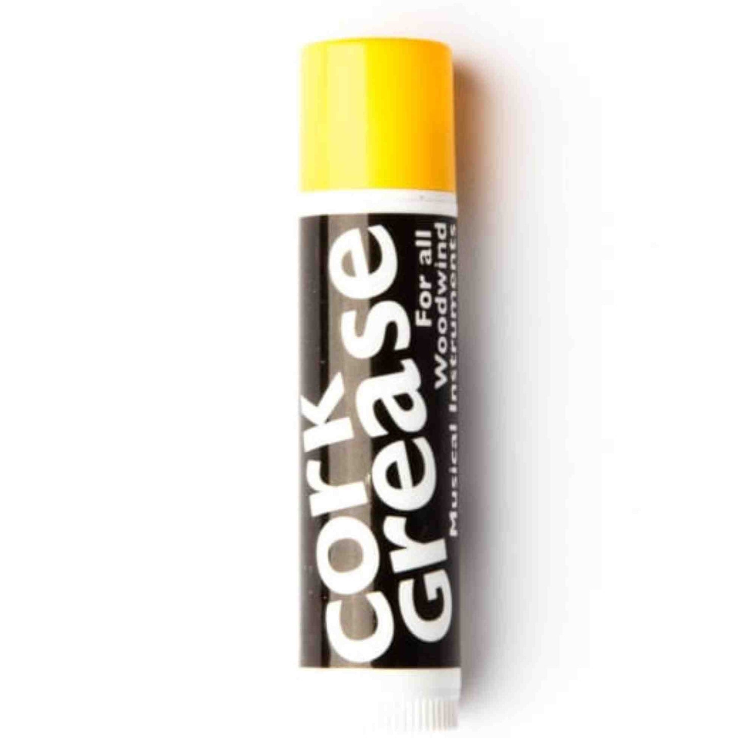 The image shows a tube of cork grease, an essential accessory for woodwind instruments. The black tube has white "Cork Grease" text and a bright yellow cap. Cork grease is applied to cork joints on clarinets, saxophones, oboes, and bassoons to ensure smooth assembly, protect cork from drying or damage, create airtight seals, and maintain instrument performance. It’s a vital maintenance item for woodwind players.