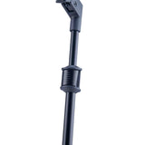The image shows the upper portion of a microphone stand with a black metal telescoping boom arm, an adjustable ribbed clutch for height changes, and a partially visible mounting clip to hold a microphone. This professional-grade stand is commonly used in studios and live settings to securely position microphones at various heights and angles for vocalists, musicians, and audio engineers.