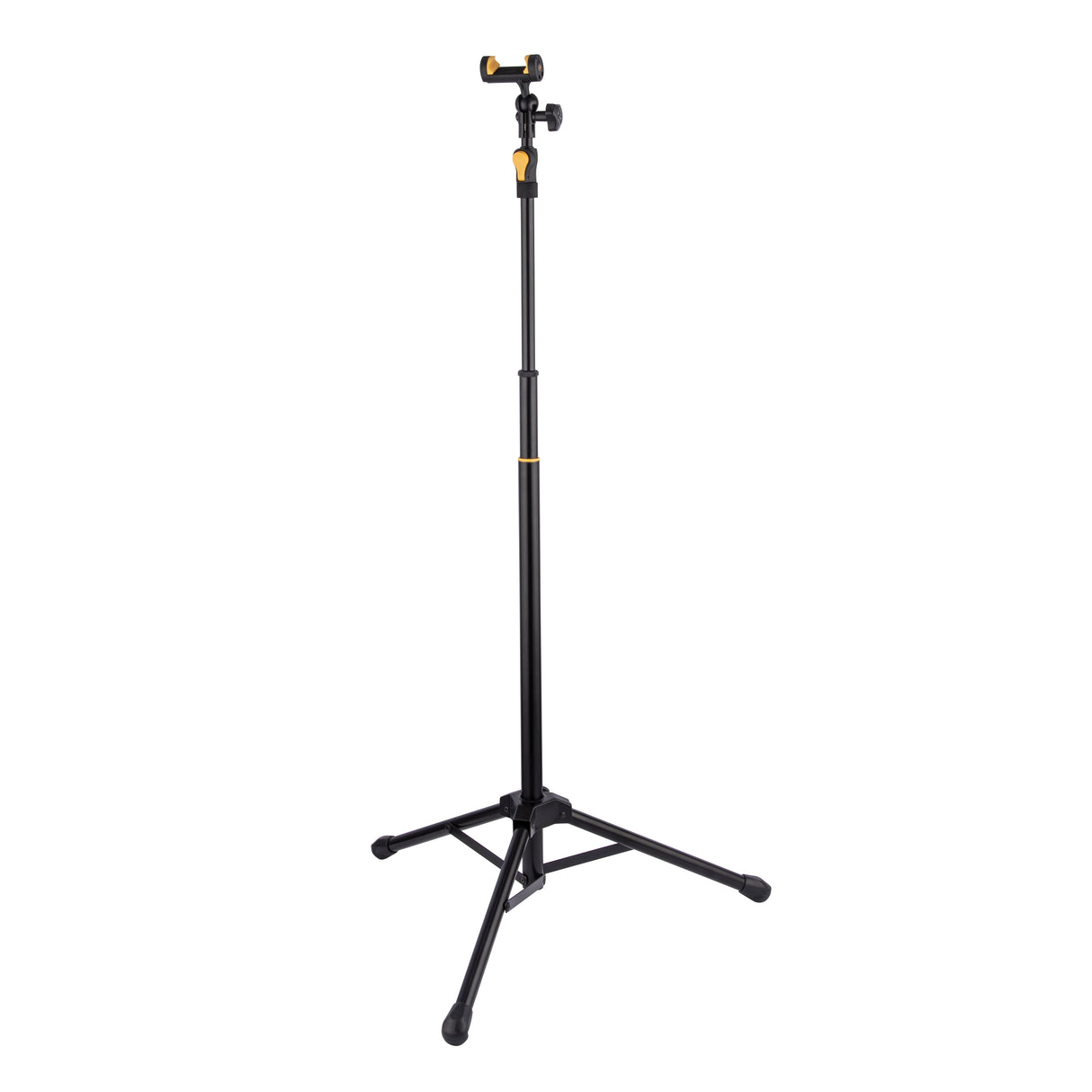 Black tripod phone holder stand on a white background