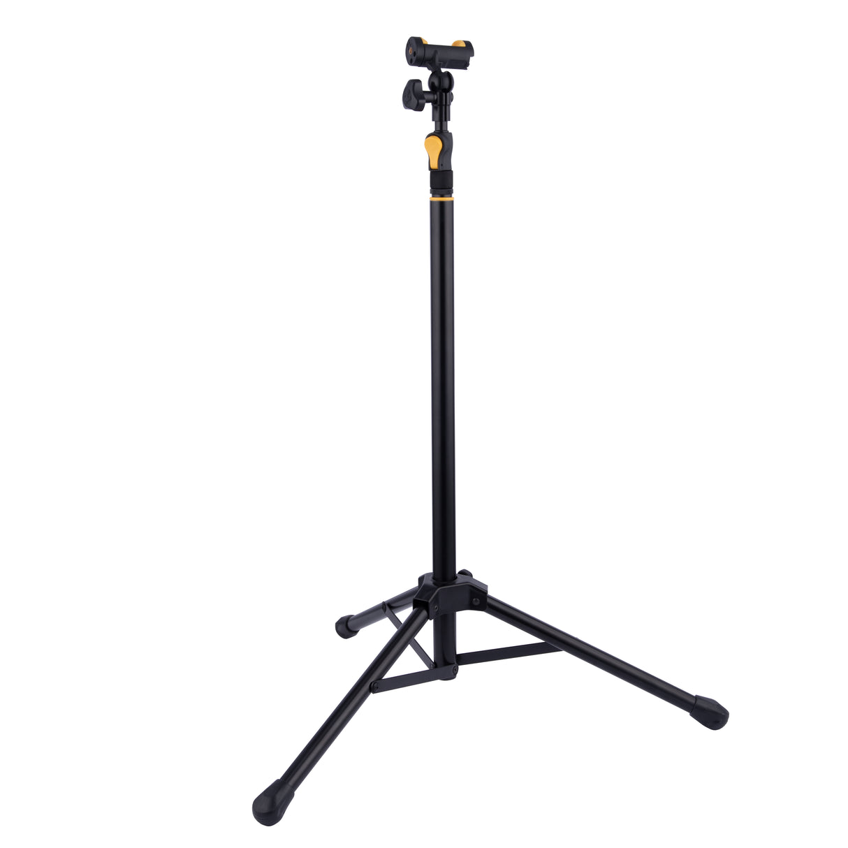 Black tripod stand with adjustable head on a white background
