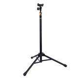 Black tripod stand with adjustable head on a white background