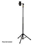 Black smartphone stand with adjustable arm on a white background