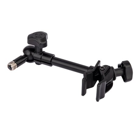 A black adjustable microphone stand attachment