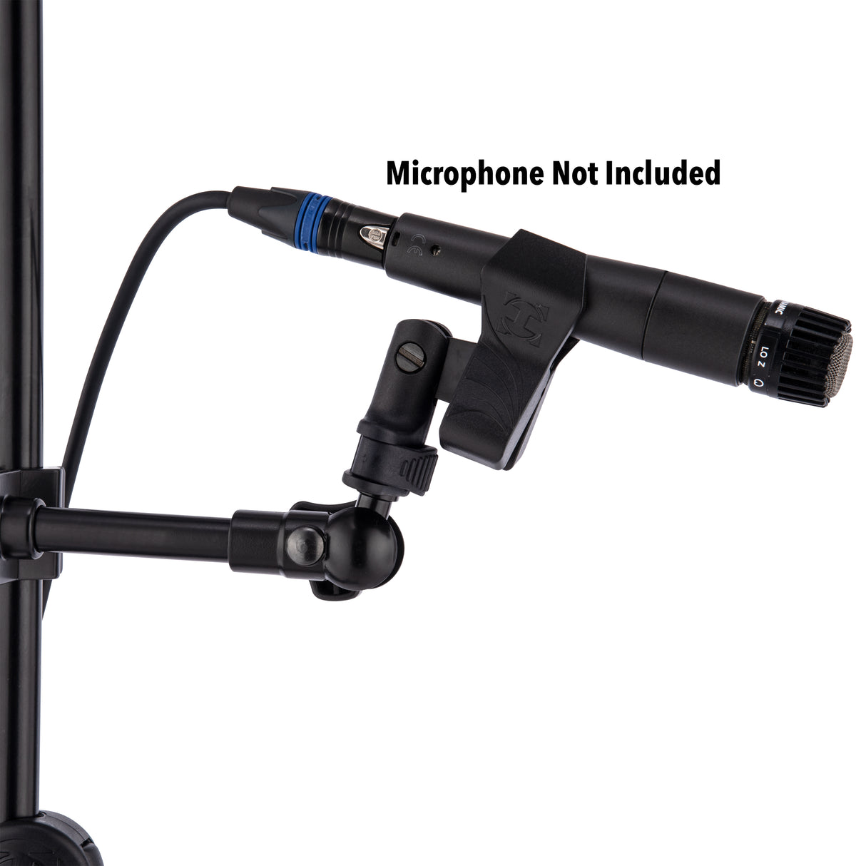 A black microphone stand attachment with microphone attached to another stand