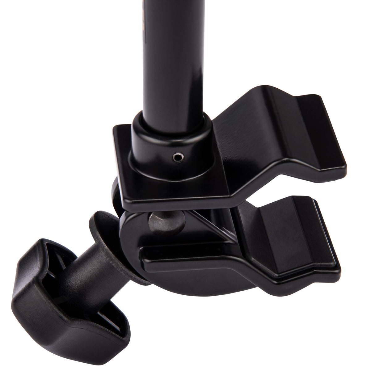 A black clamp for a microphone stand attachment