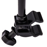 A black clamp for a microphone stand attachment
