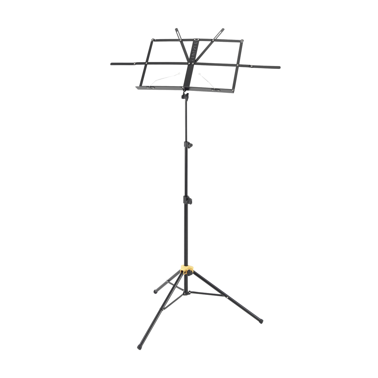 Black music stand with a folding music sheet holder on a white background
