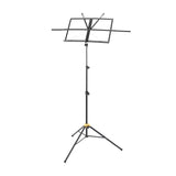 Black music stand with a folding music sheet holder on a white background