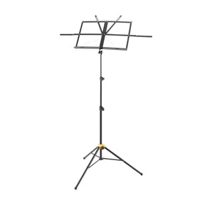 Black music stand with a folding music sheet holder on a white background