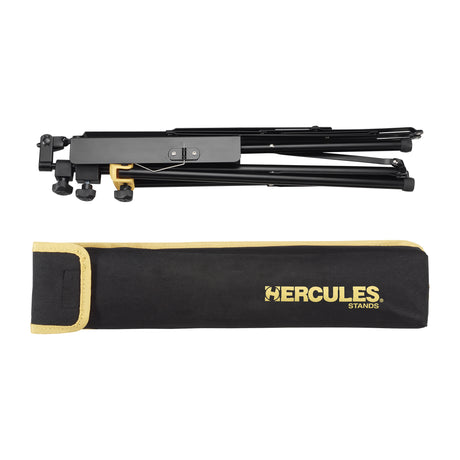 Black folded music stand with Hercules branding on a white background
