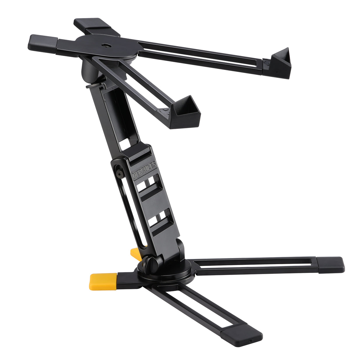 Black adjustable laptop stand on a white background