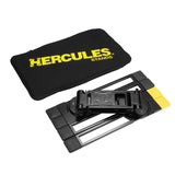 Folded black laptop stand next to a carrying bag with Hercules branding on a white background