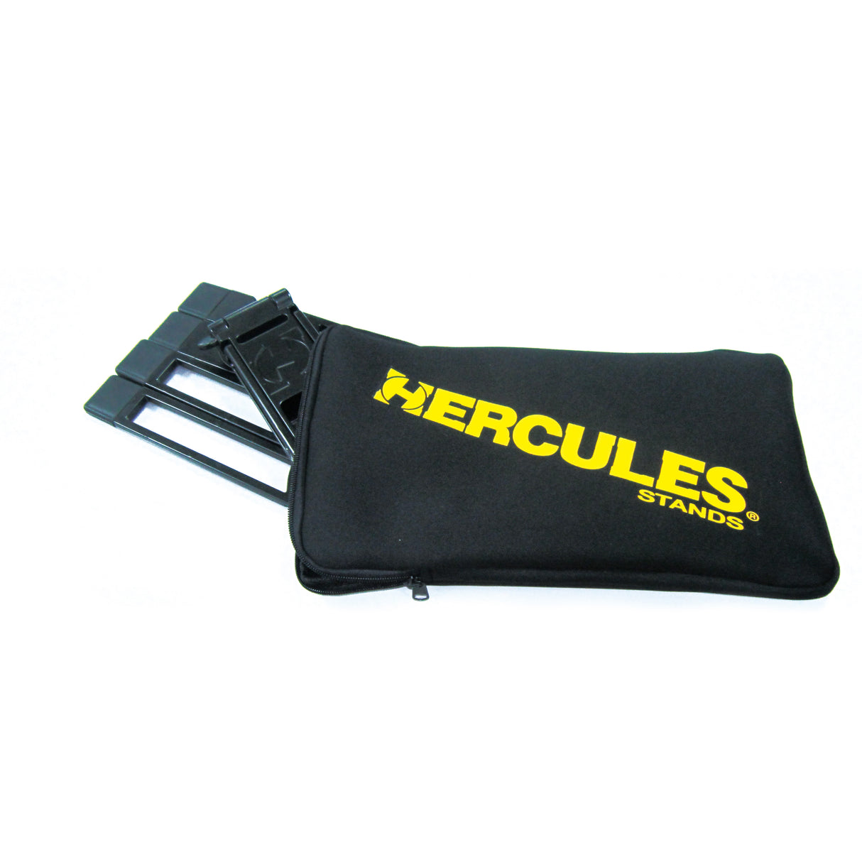 A folded black laptop stand partially inserted in a black carrying bag with yellow Hercules branding on a white background