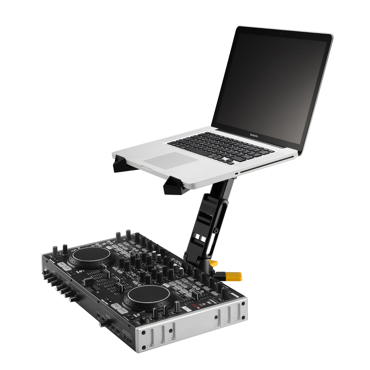 A black laptop stand holding a silver Macbook pro and DJ equipment at the base of the stand
